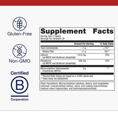 Metagenics Bone Builder Extra Strength tablets in a bottle highlight calcium delivery