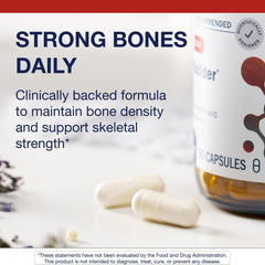 Metagenics Bone Builder Plus bottle on a kitchen counter illustrating daily bone nutrition routine.