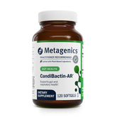 Metagenics CandiBactin-AR bottle label emphasizes oregano and thyme blend for gut balance.