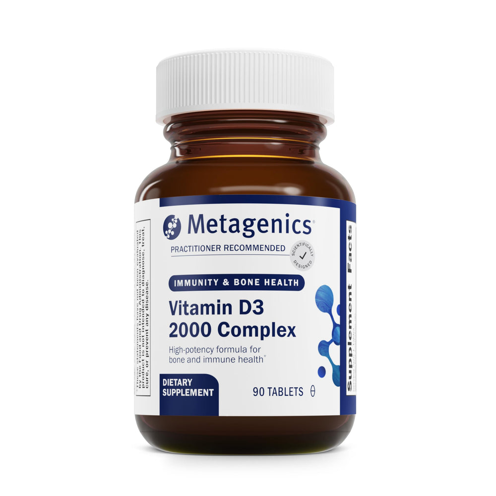 Metagenics D3 2000IU bottle front with capsules for bone health.