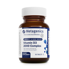 Metagenics D3 2000IU bottle front with capsules for bone health.