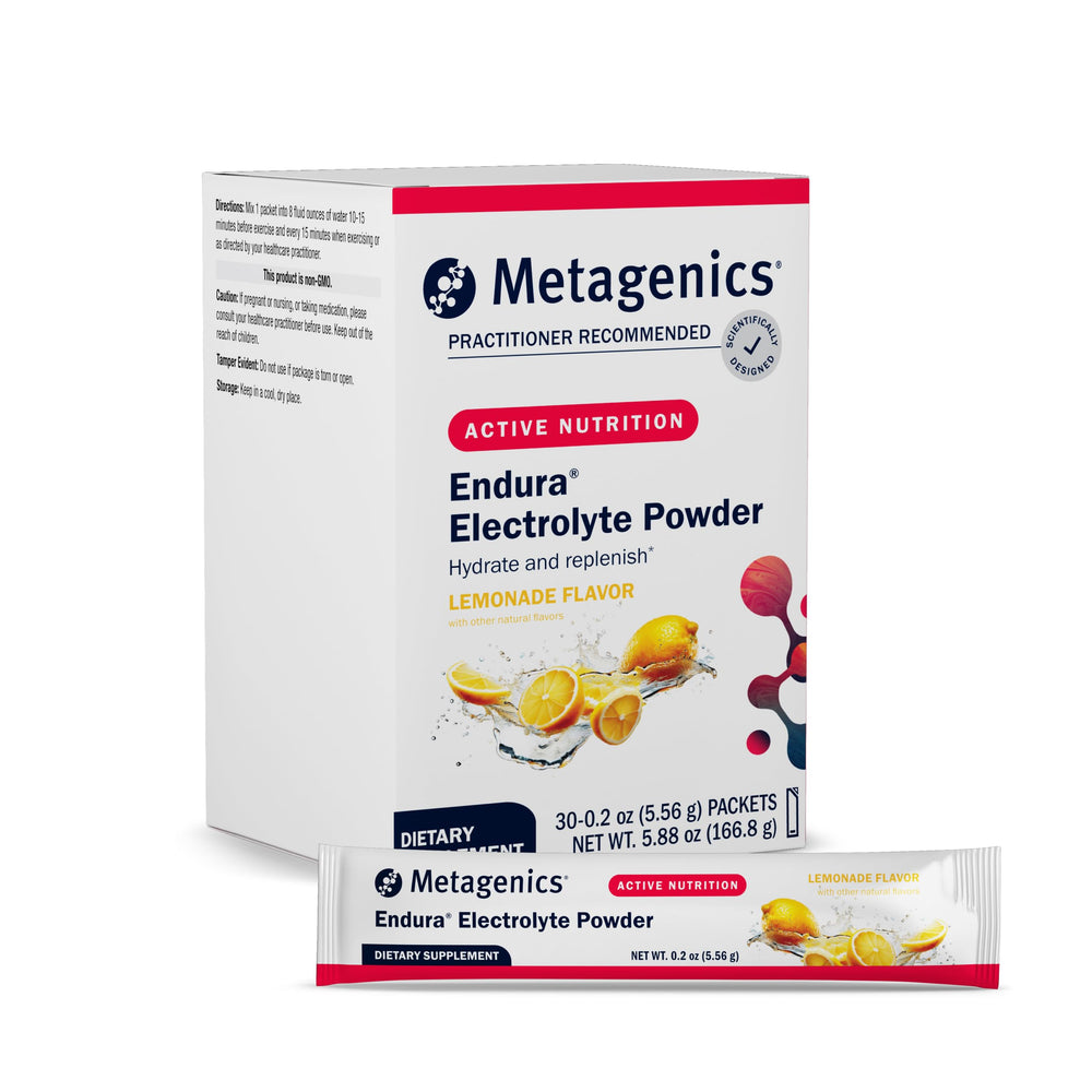 Metagenics Endura lemonade packaging for convenient on-the-go hydration.