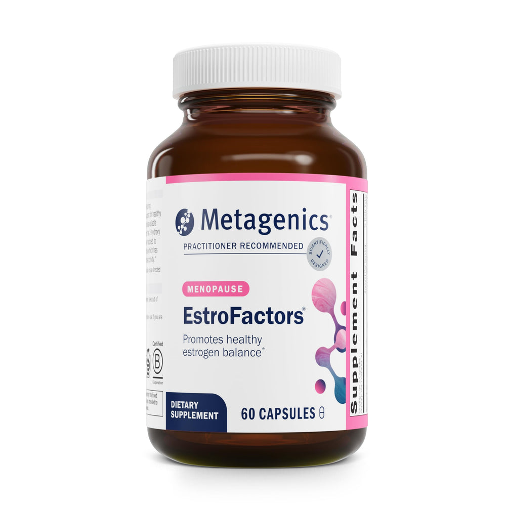Metagenics EstroFactors bottle front view showing a hormone-support formula for perimenopause.