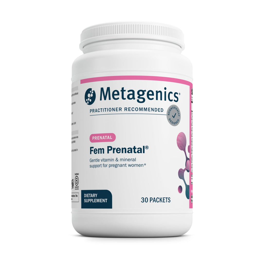 Metagenics Fem Prenatal bottle front view with gluten-free, non-GMO formula for pregnancy support