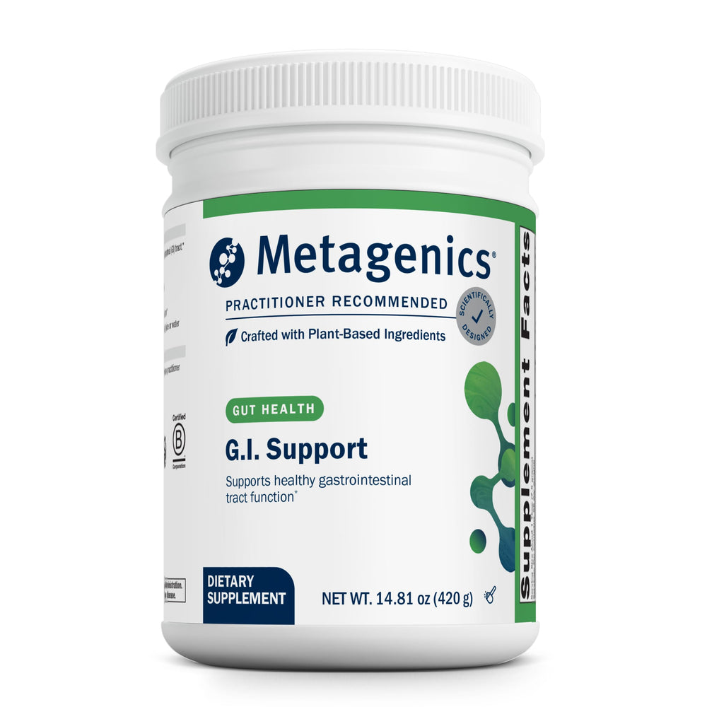 Metagenics G.I. Support powder tub showing its benefits for digestive comfort
