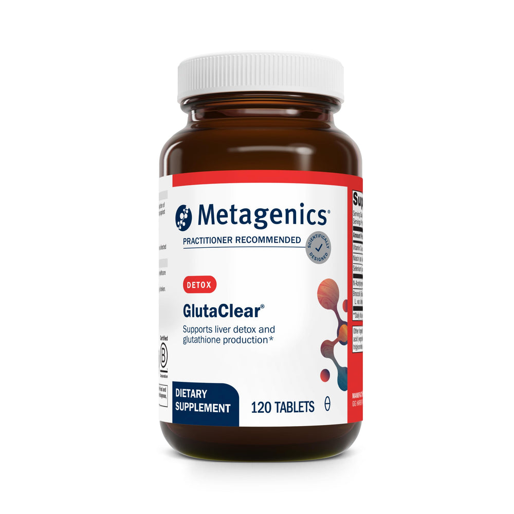 Metagenics GlutaClear bottle pour for easy daily dosing and antioxidant support.