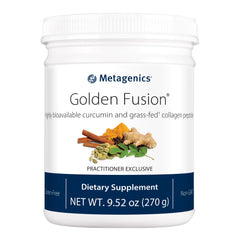 Metagenics Golden Fusion bottle-front featuring CurQfen curcumin blend for daily wellness.