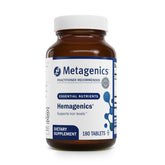 Metagenics Hemagenics iron tablets bottle front label, non-constipating formula.