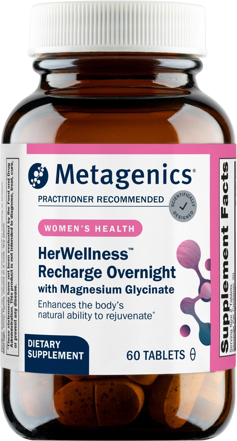 Metagenics HerWellness Recharge overnight bottle promotes relaxation for better sleep.