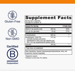 Close-up of Metagenics Immune Active bottle label showing key ingredients