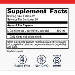 Metagenics L-Carnitine capsules close-up shows 500 mg per serving for metabolism.