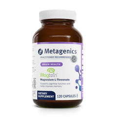 Metagenics Magtein bottle label highlighting brain-supporting magnesium L-threonate