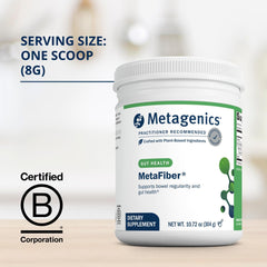 Metagenics MetaFiber gluten-free label highlights allergy-friendly option.