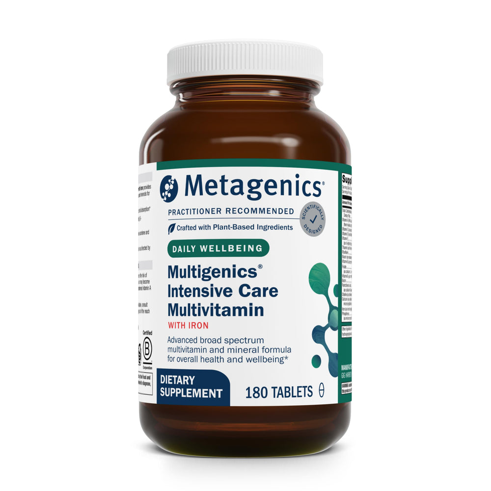 Metagenics Multigenics bottle-front showcasing comprehensive daily nutrition for adults.