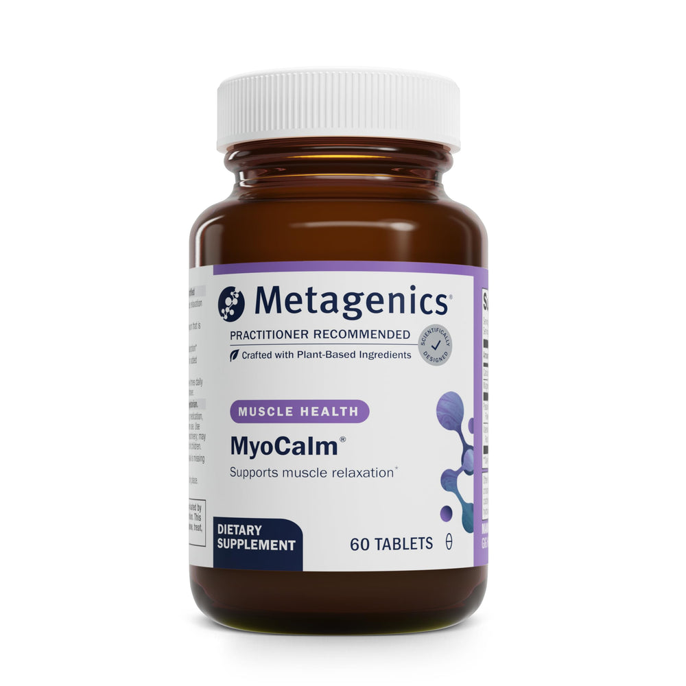 Metagenics MyoCalm bottle label featuring calcium and magnesium for muscle relaxation