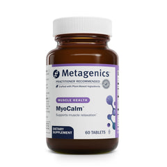 Metagenics MyoCalm bottle label featuring calcium and magnesium for muscle relaxation