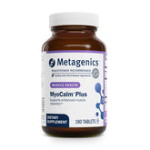 Metagenics MyoCalm Plus bottle close-up highlighting stress support and muscle relaxation potential