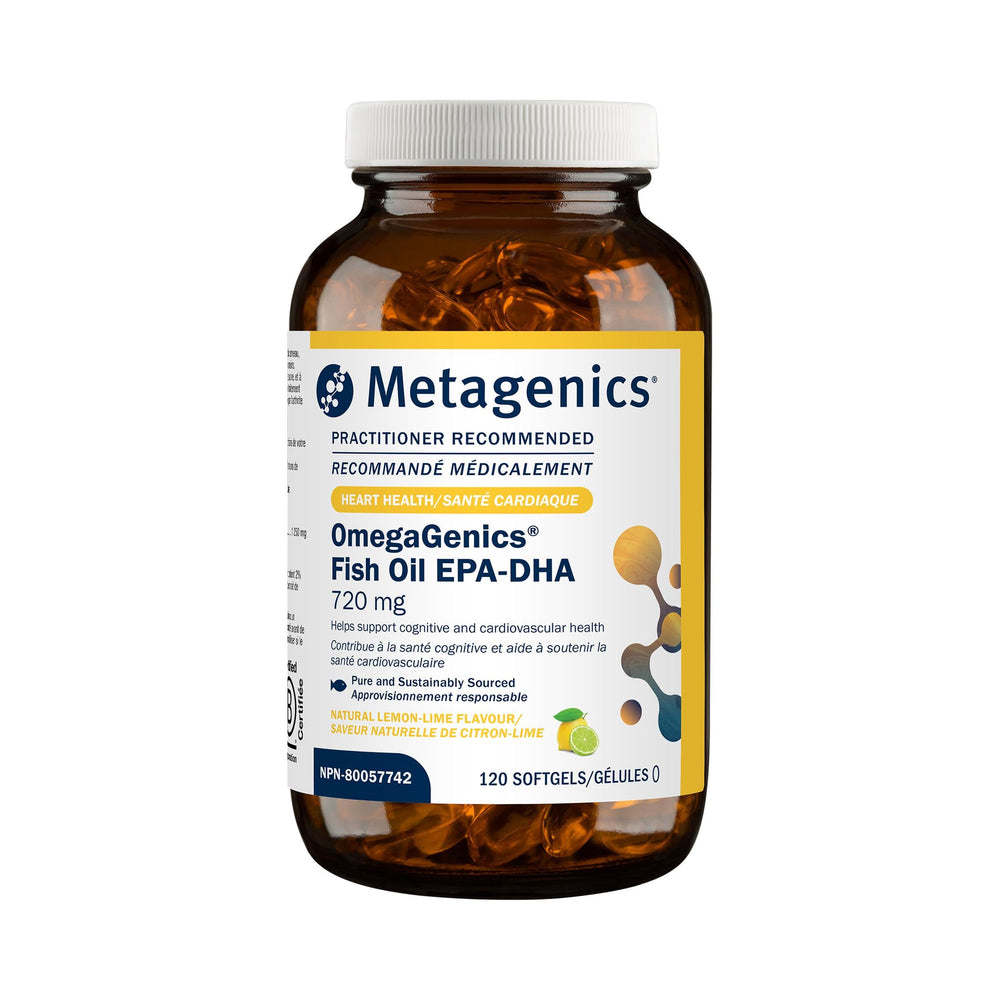 Metagenics OmegaGenics bottle front view showcases premium omega-3 packaging