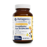 Metagenics OmegaGenics bottle with capsules showing lemon lime flavor for easy daily use