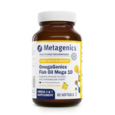 Metagenics OmegaGenics Mega 10 softgels bottle front shows a complete omega blend for heart and brain wellness