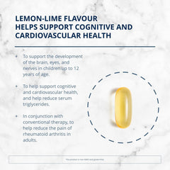 Close-up of softgels highlights easy daily intake and lemon-lime flavor