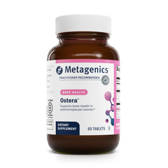 Metagenics Ostera bottle front, supports bone health for postmenopausal women