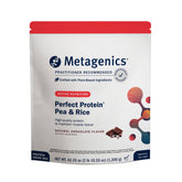 Metagenics Perfect Protein Pea & Rice bottle pours into a glass for a protein shake.