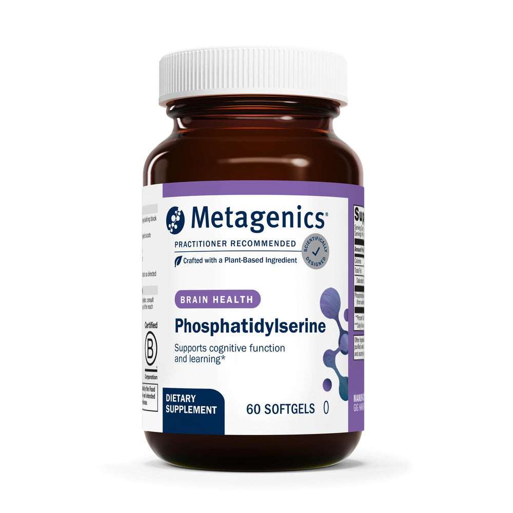 Metagenics Phosphatidylserine bottle label showing sunflower-derived PS for daily cognitive support