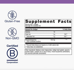 Closeup of Metagenics PS softgels highlighting non-GMO, soy-free formulation