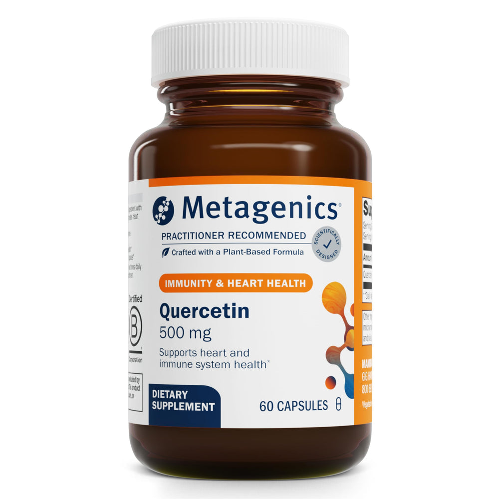 Metagenics Quercetin 500mg bottle front view highlighting product identity and potency