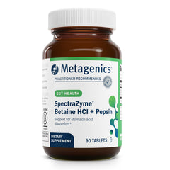 Metagenics SpectraZyme capsule bottle front for protein digestion support.