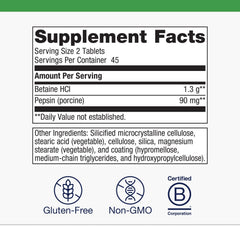 Metagenics SpectraZyme bottle back label details betaine HCl and pepsin.