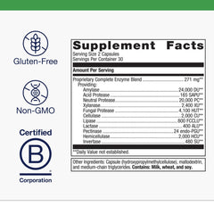 Metagenics SpectraZyme label highlights gluten-free vegan formula for easy digestion.