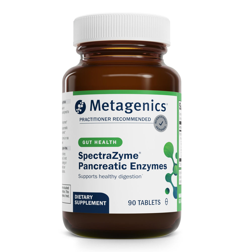 Metagenics SpectraZyme bottle with capsules supporting balanced digestion