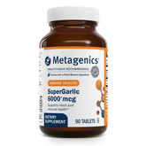 Metagenics SuperGarlic 6000 bottle featuring odorless coating for easy swallowing.