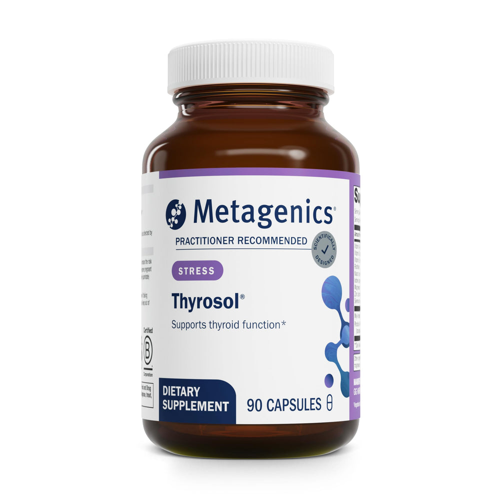 Metagenics Thyrosol bottle front highlights thyroid support formula for daily energy balance