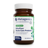 Metagenics UltraFlora Acute Care bottle shows a targeted probiotic blend for digestive comfort.
