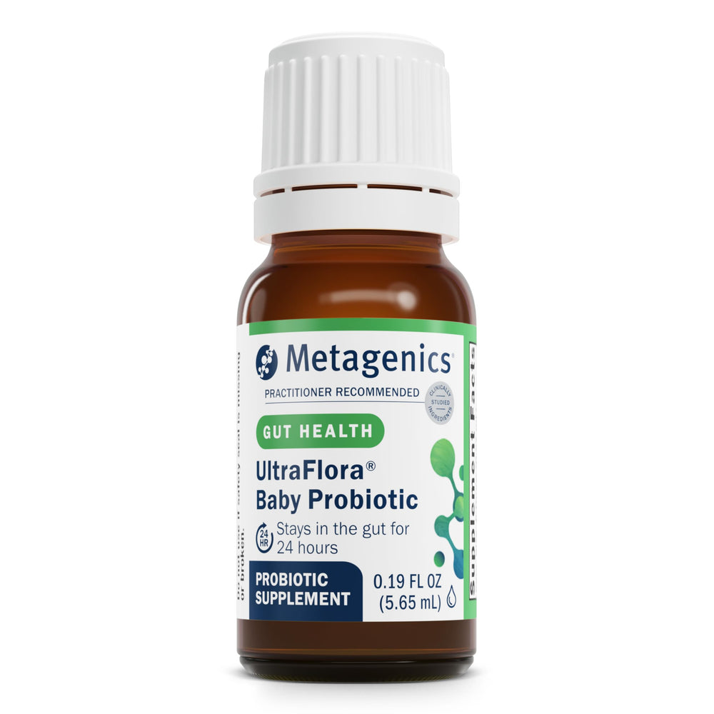 Metagenics UltraFlora Baby Probiotic Drop label shows ingredients and dosage for infants.