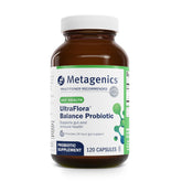 Metagenics UltraFlora Balance probiotic bottle showing 120 capsules for daily gut support.