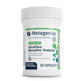 Metagenics UltraFlora BiomePro bottle front showing 105B CFU across eight strains for daily digestive balance