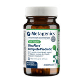 Metagenics UltraFlora Complete bottle on a shelf showing daily probiotic support for gut balance