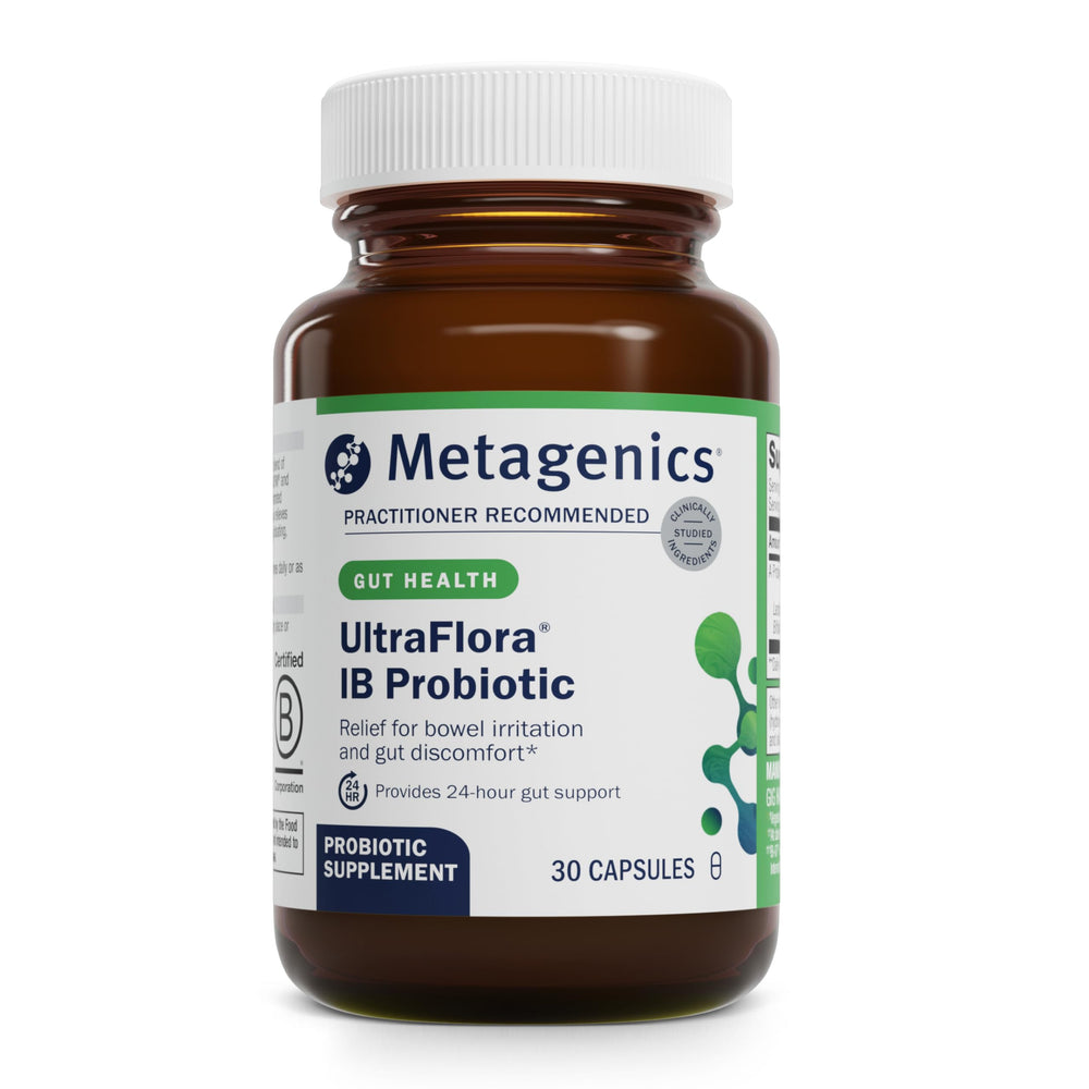 Metagenics UltraFlora IB Probiotic bottle showing 60B CFU for digestive balance