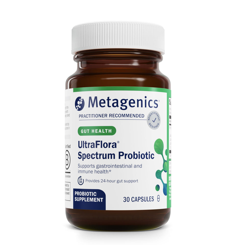 Metagenics UltraFlora Spectrum bottle with 30 capsules for daily gut balance.