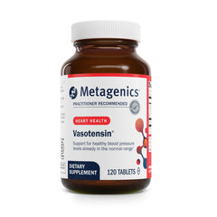 Metagenics Vasotensin bottle front view highlighting bonito peptide for daily circulatory support.