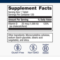 Metagenics Vitamin D3 1000 IU bottle full label highlights potency and regulatory details.