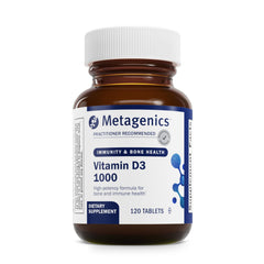Metagenics Vitamin D3 1000 IU tablet front view for daily bone and immune support.