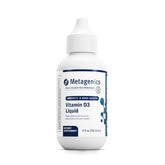 Metagenics Vitamin D3 Liquid bottle closeup highlighting easy dosing for bone health and immune support