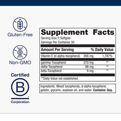 Metagenics Vitamin E mixed tocopherols bottle-side label details for non-GMO, gluten-free formula