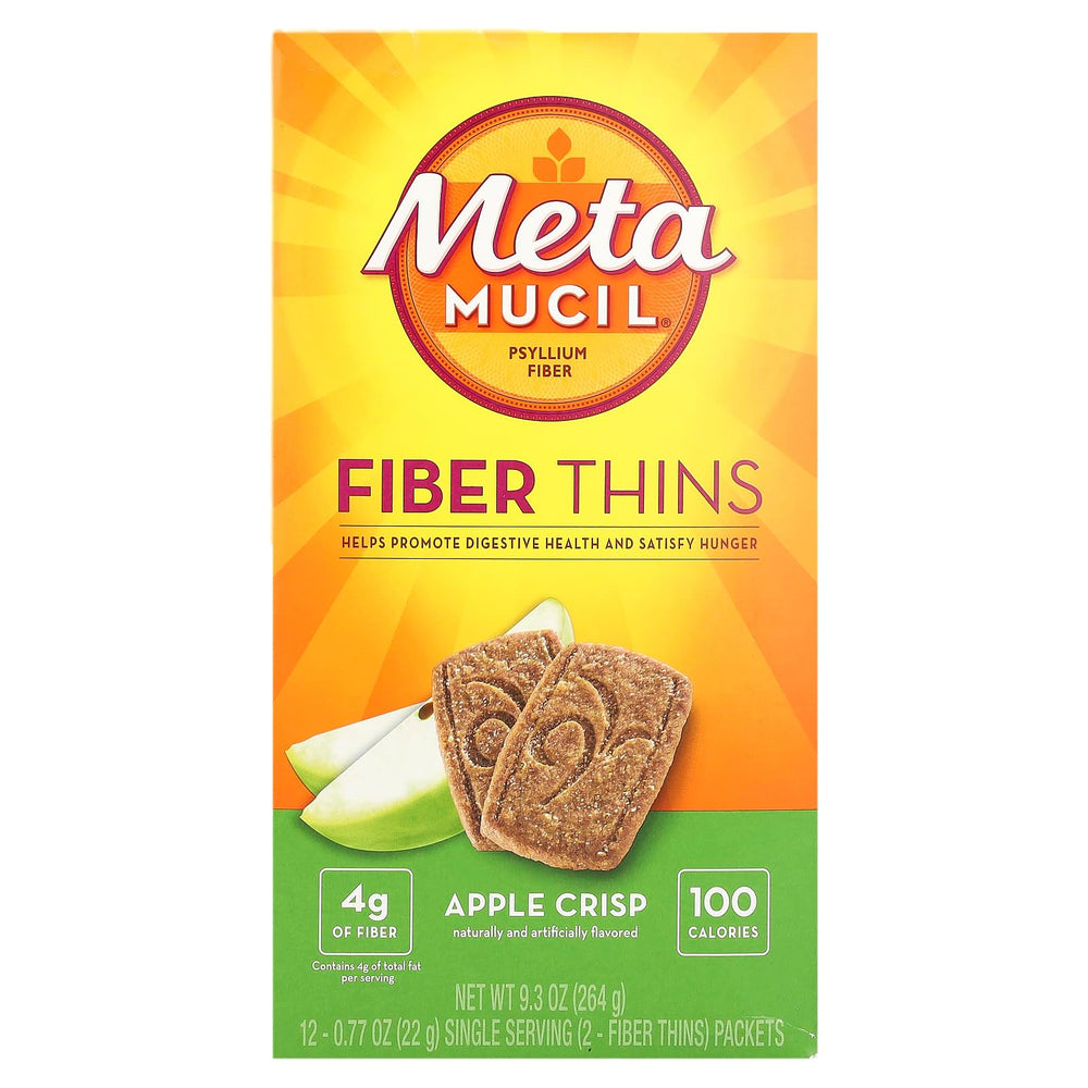 Metamucil front packaging showing apple crisp wafers and fiber benefit