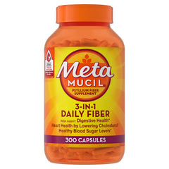 Metamucil psyllium husk capsules bottle for daily fiber support.